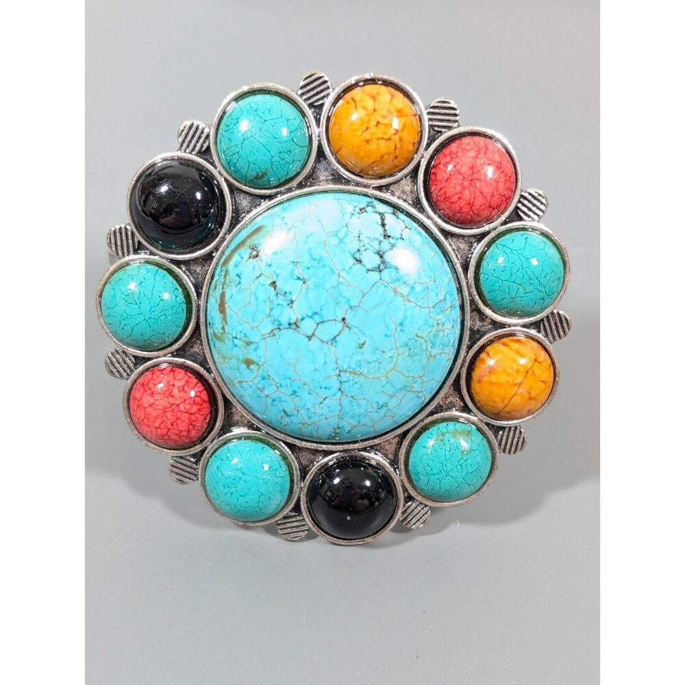 Western Boho Faux Turquoise‎ Stone Round Cabochon Red Black Bold Hinge Bracelet